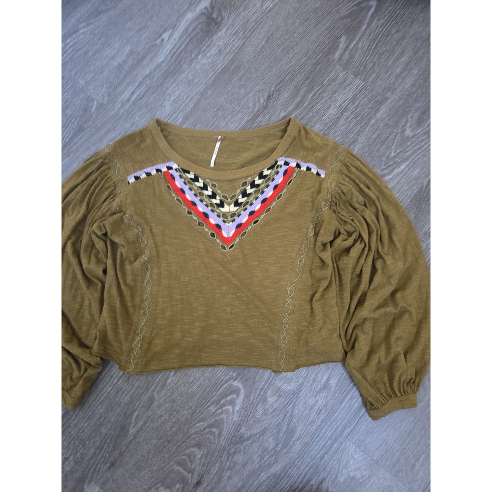 Free People Women's Hand Me Down Embroidered Top Moss Green Size Small